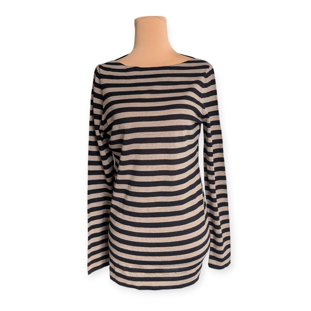Eileen Fisher Knit Top ~ Medium Petite 100% Merino Wool Black Striped Boat Neck